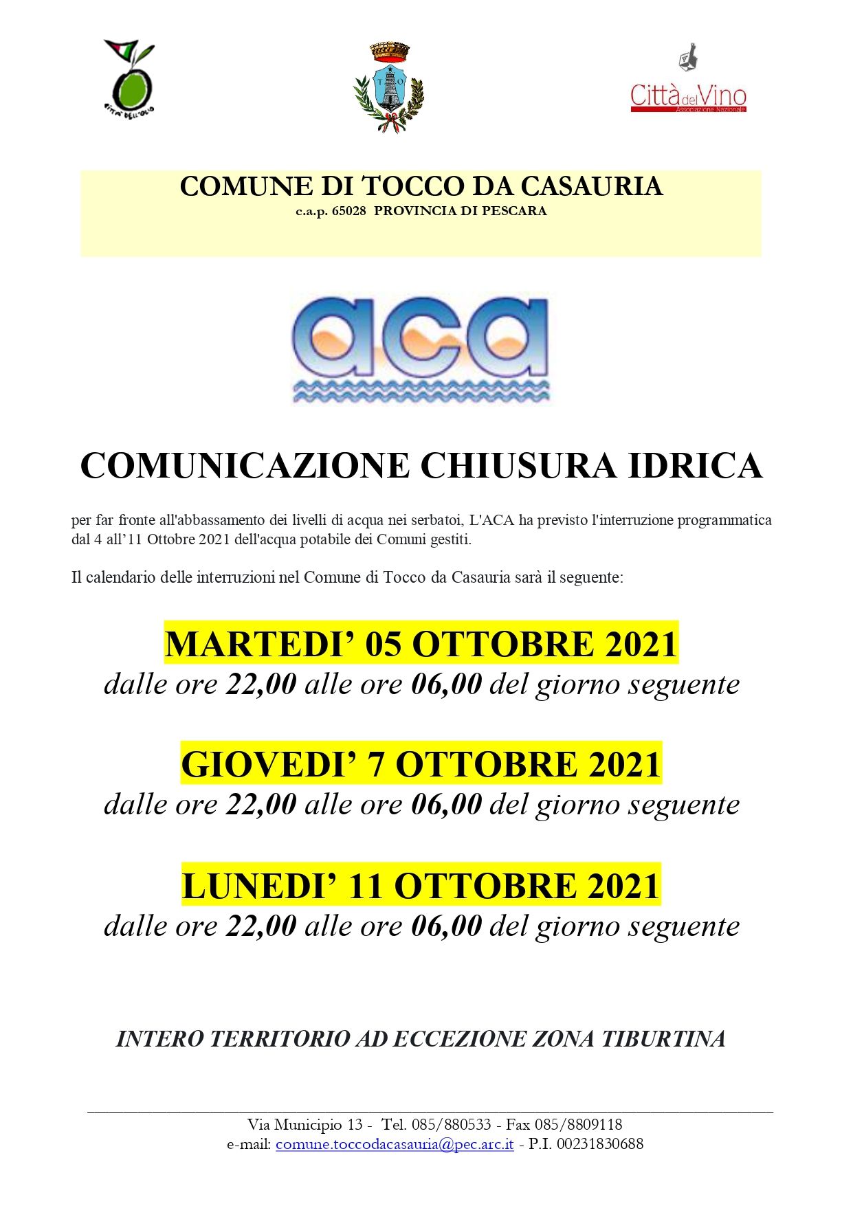 CALENDARIO CHIUSURA ACQUA